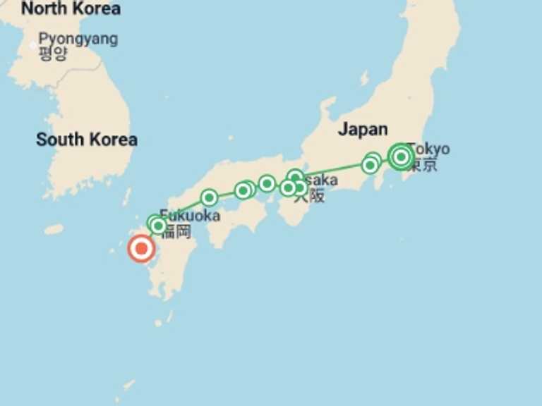 Map of Asia Tour with 8 destination visits for the trip: Contrasts of Japan and Nagasaki