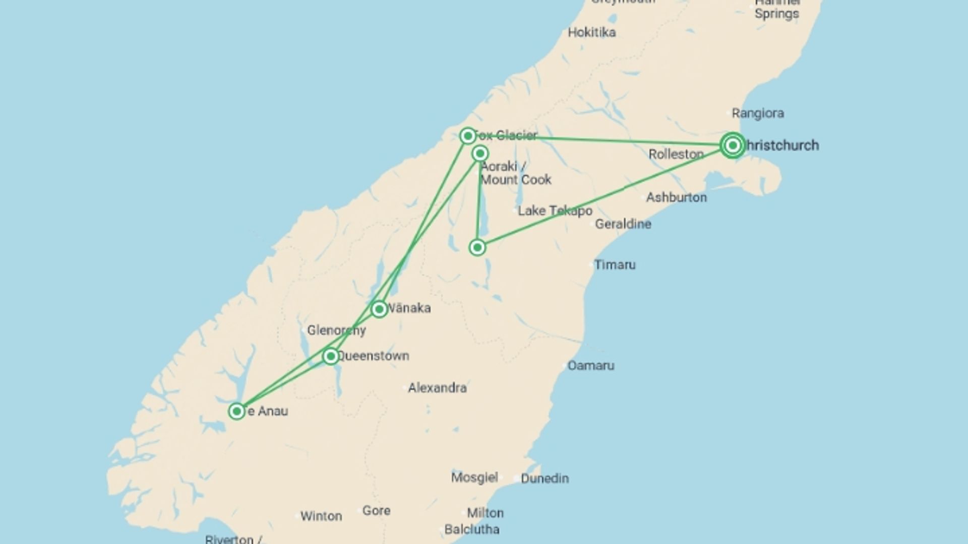 A map showing the tour itinerary for the trip: South Island Discovery - 10 days, starting in Christchurch, New Zealand and ending in Christchurch, New Zealand going through 5 other destinations.