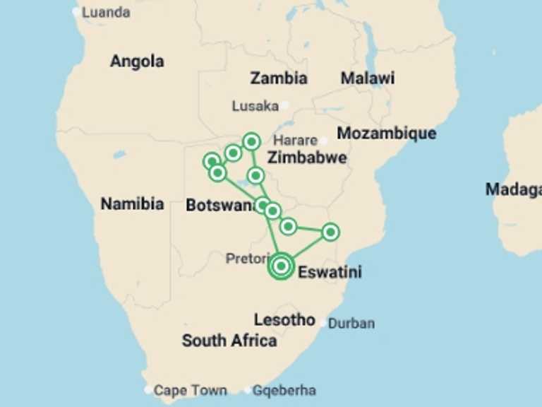 Map of Africa Tour with 11 destination visits for the trip: Experience Southern Africa