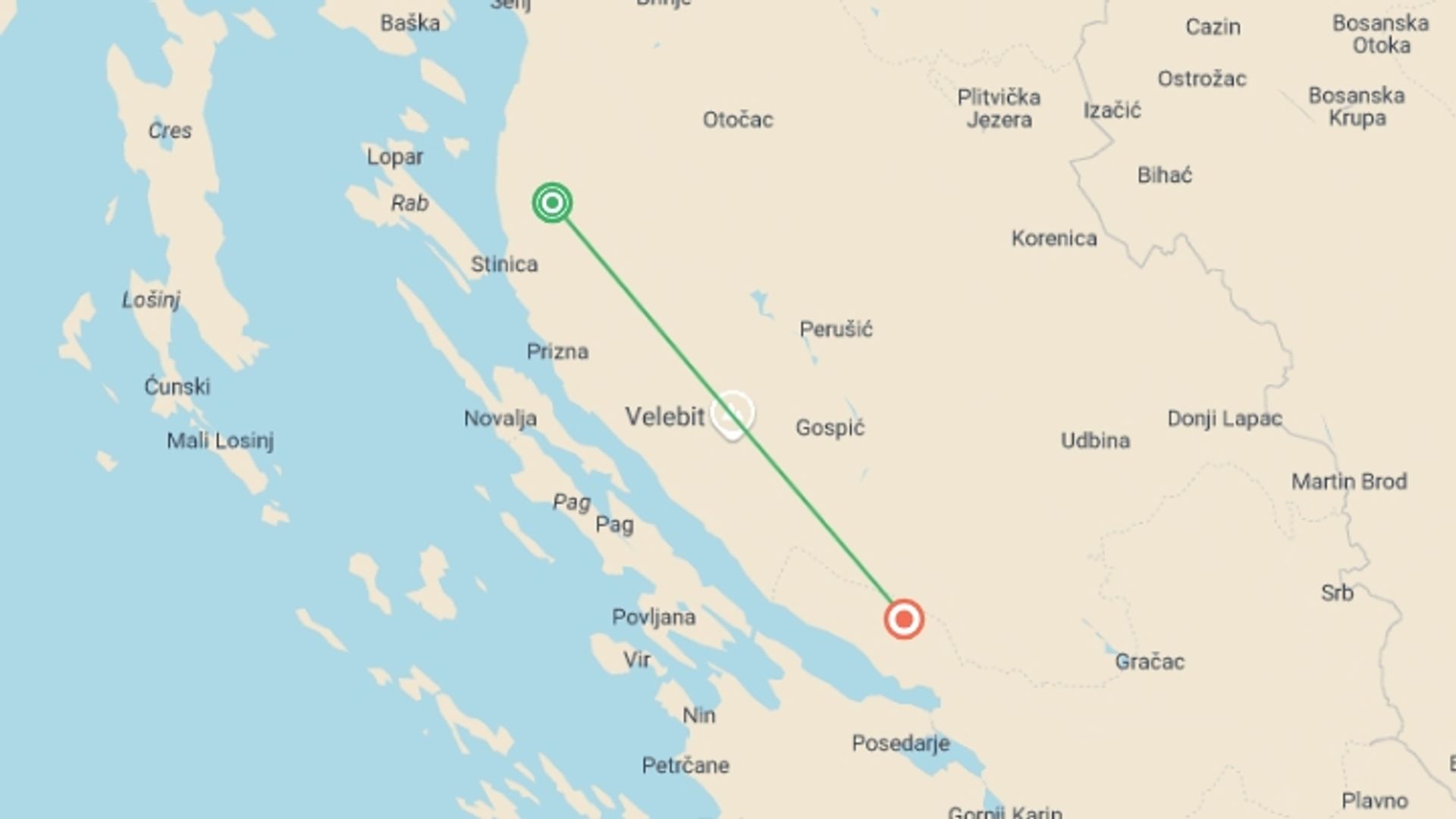 A map showing the tour itinerary for the trip: Croatia National Parks and Premuzic Trail Trekking tour, starting in Northern Velebit National Park, Croatia and ending in Paklenica National Park, Croatia going through 1 other destinations.