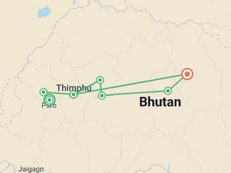 Map itinerary of Bhutan Tour in August 2026 with 5 destination visits for the trip: Central Bhutan Premium Small Group Tour