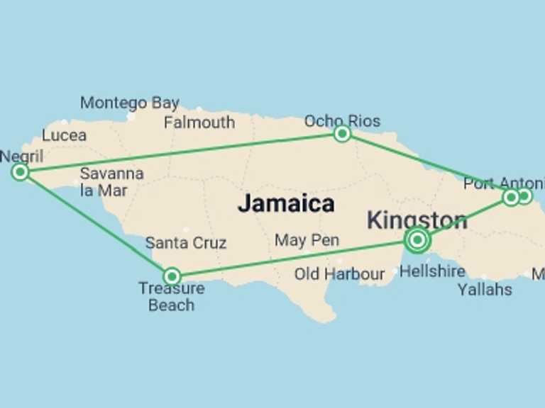 Map of a National parks Tour with 7 destination visits for the trip: Explore Jamaica