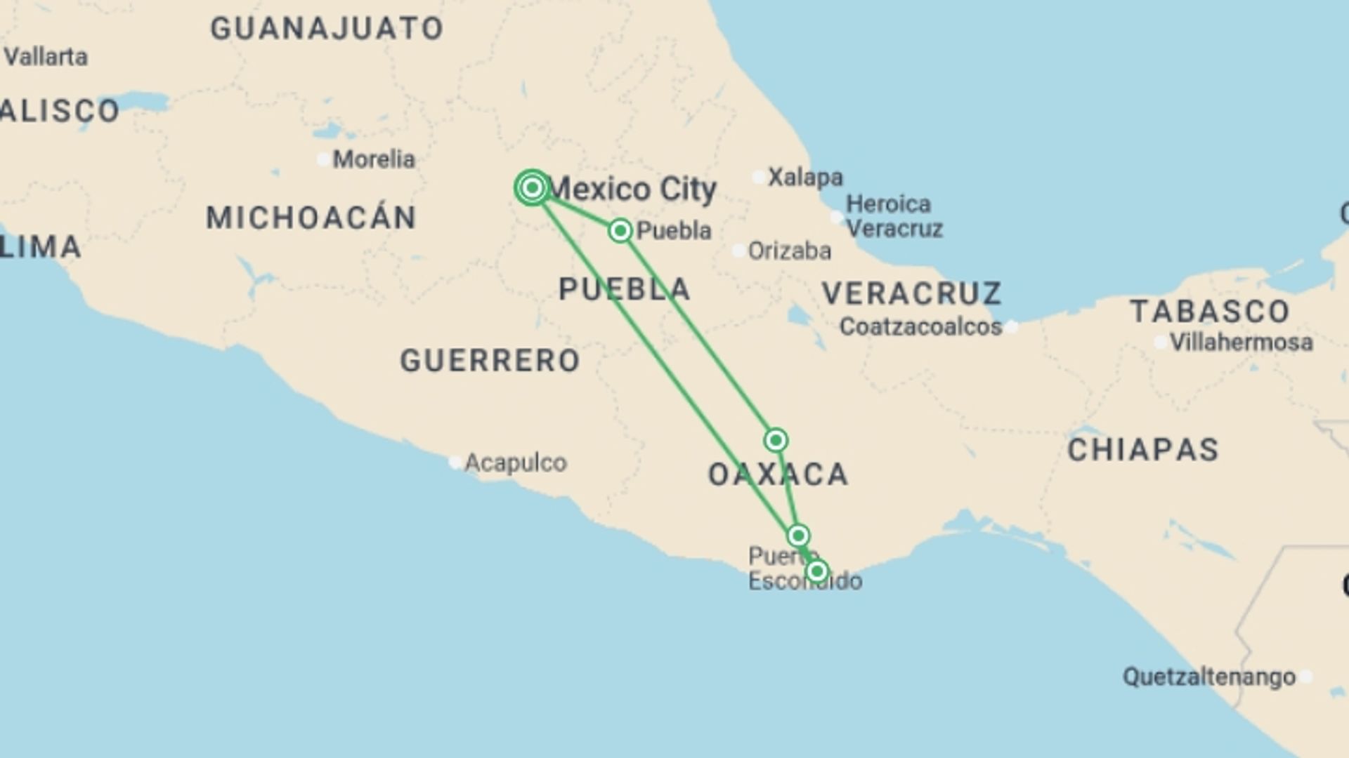 A map showing the tour itinerary for the trip: Oaxaca Food Tour: All Tastes From Monte Alban To Huatulco  (10 Days), starting in Mexico City, Mexico and ending in Mexico City, Mexico going through 4 other destinations.