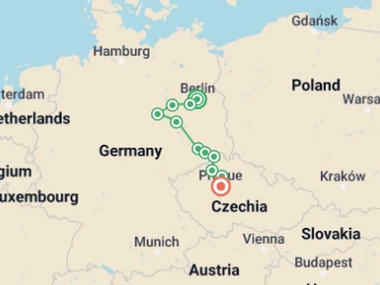 Map of Europe Tour with 8 destination visits for the trip: New Year's on a cruise, between Berlin and Prague (port-to-port cruise)