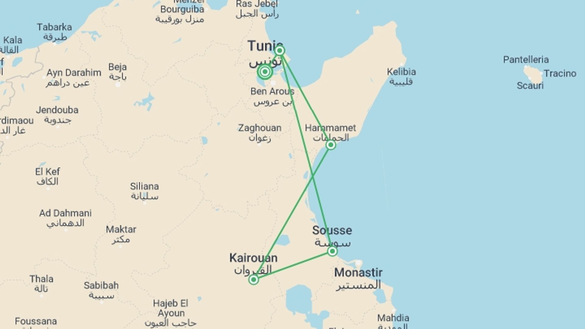A map showing the tour itinerary for the trip: Discover Tunisia, Self-drive, starting in Tunis, Tunisia and ending in Tunis, Tunisia going through 4 other destinations.