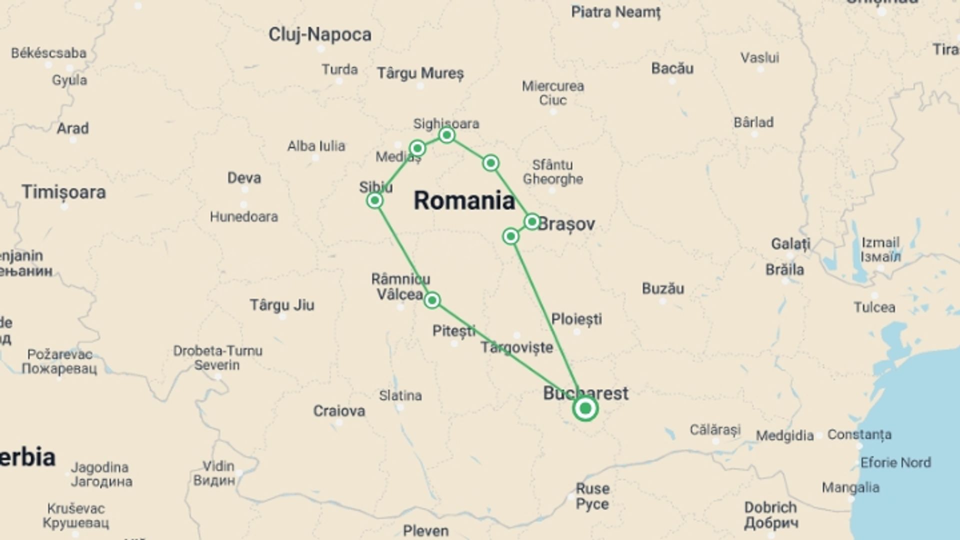 A map showing the tour itinerary for the trip: Transylvania Castle tour in 4 days from Bucharest, starting in Bucharest, Romania and ending in Bucharest, Romania going through 4 other destinations.