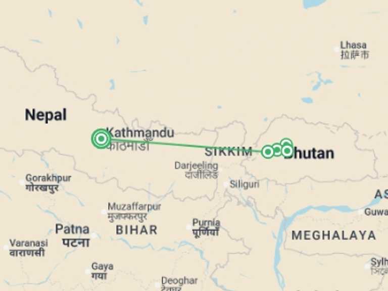 Map itinerary of Nepal Tour in February 2027 with 6 destination visits for the trip: Discover Bhutan