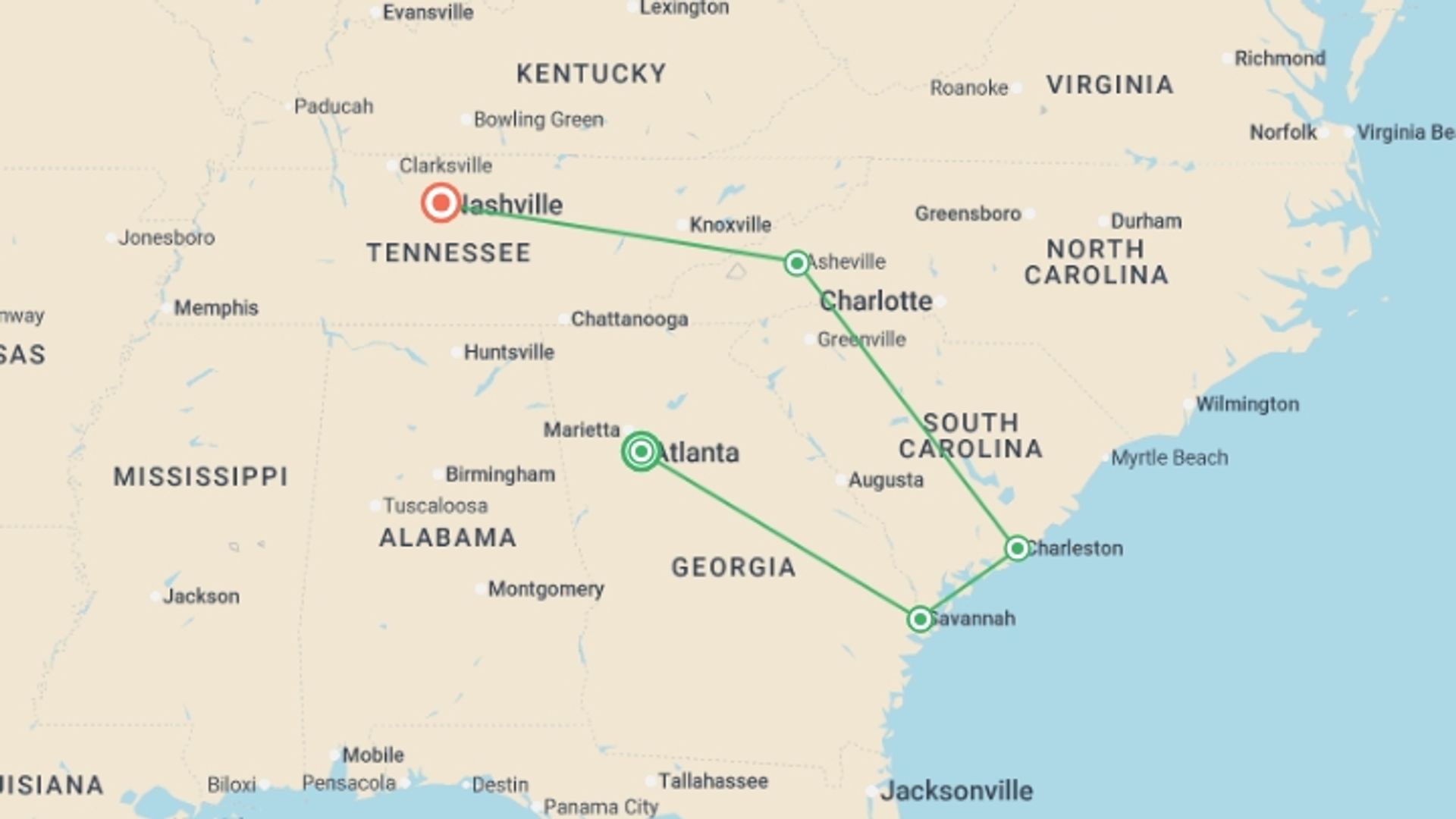 A map showing the tour itinerary for the trip: Georgia History Trail to Nashville, starting in Atlanta, USA and ending in Nashville, USA going through 3 other destinations.