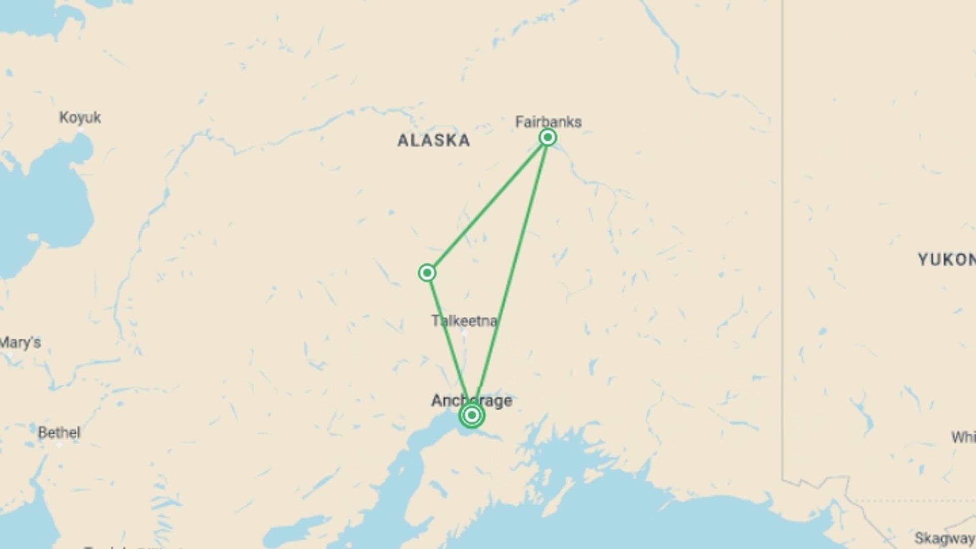 A map showing the tour itinerary for the trip: The Ultimate Alaska Grand Adventure, starting in Anchorage, USA and ending in Anchorage, USA going through 2 other destinations.