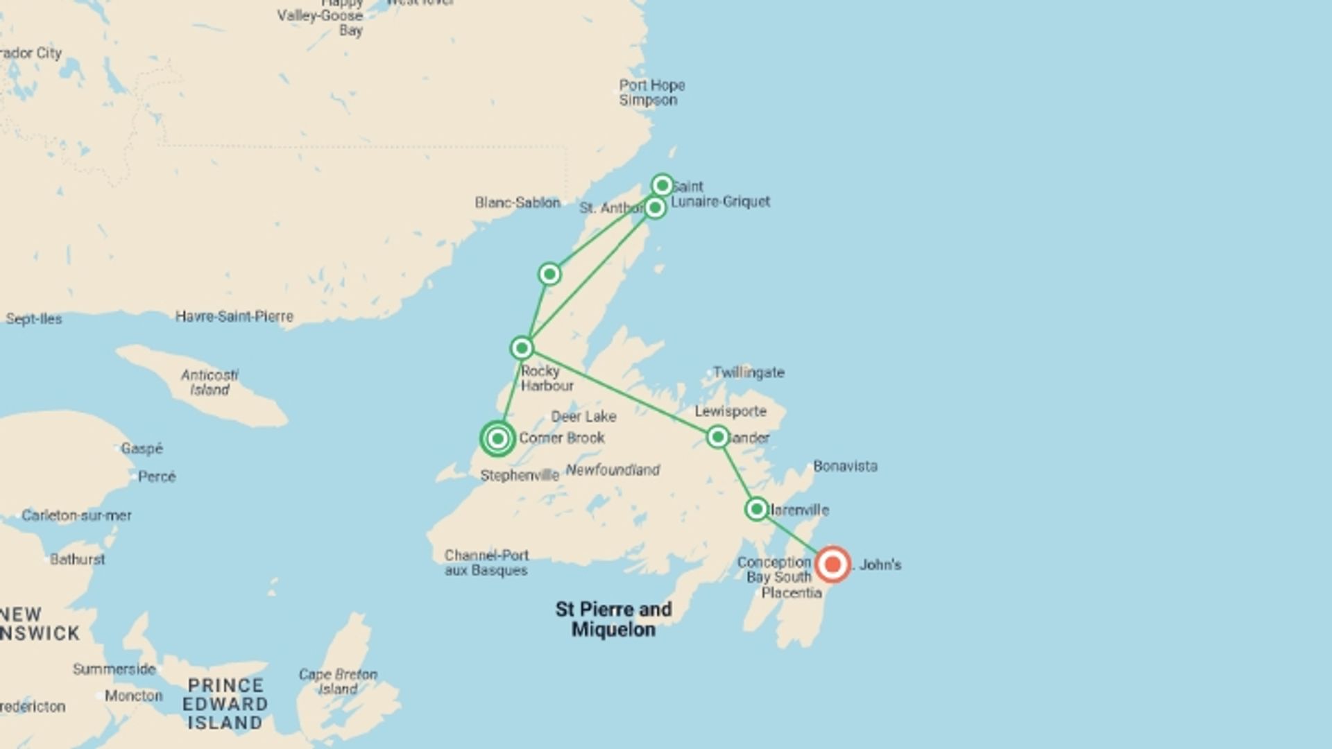 A map showing the tour itinerary for the trip: Newfoundland Explorer (Small Group) - 12 days, starting in Corner Brook, Canada and ending in St. John's, Canada going through 8 other destinations.