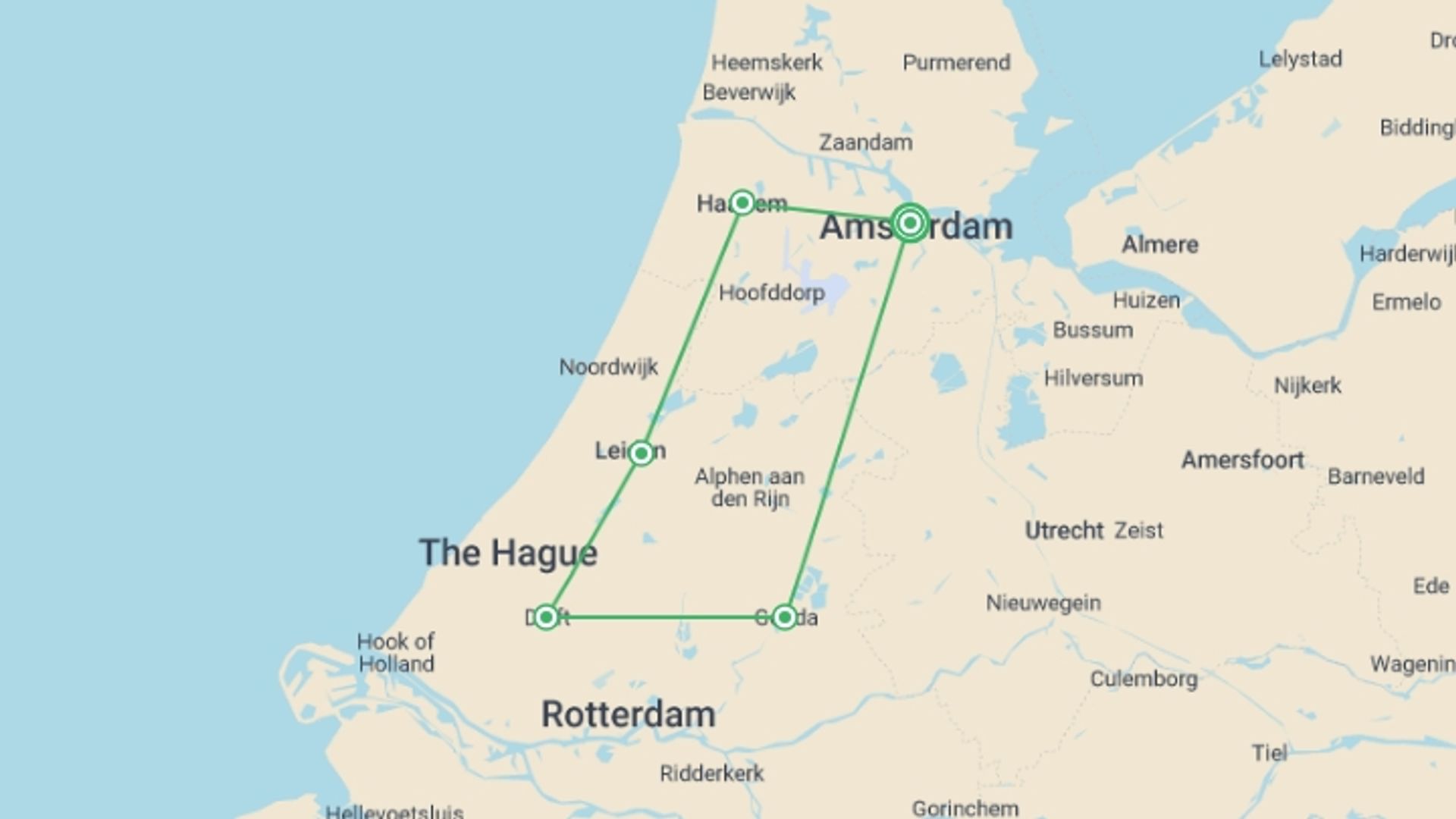 A map showing the tour itinerary for the trip: Classic Holland Cycle, starting in Amsterdam, Holland and ending in Amsterdam, Holland going through 4 other destinations.