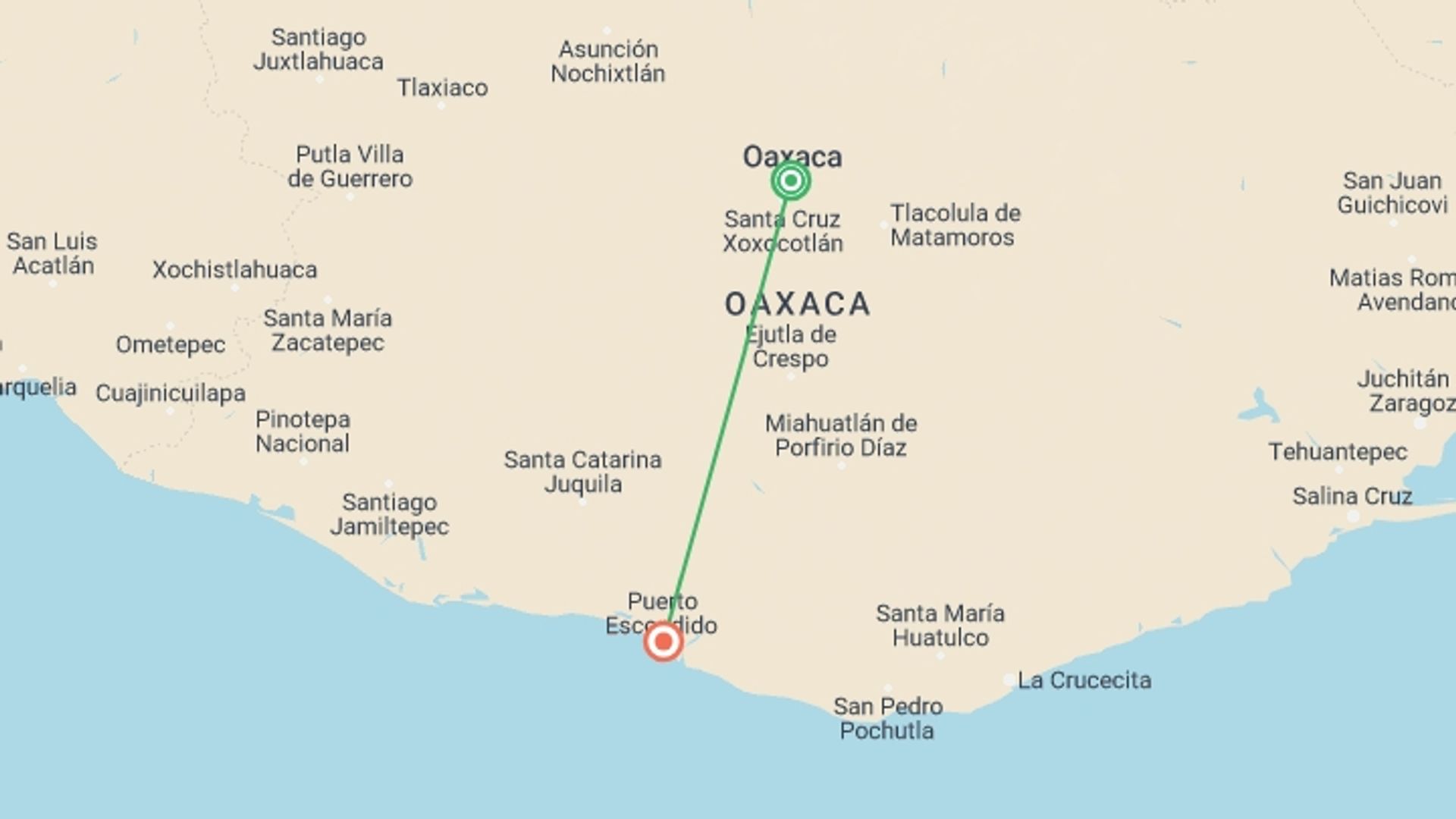 A map showing the tour itinerary for the trip: Oaxaca to Puerto Escondido: Day of the Dead, starting in Oaxaca, Mexico and ending in Puerto Escondido, Mexico going through 0 other destinations.