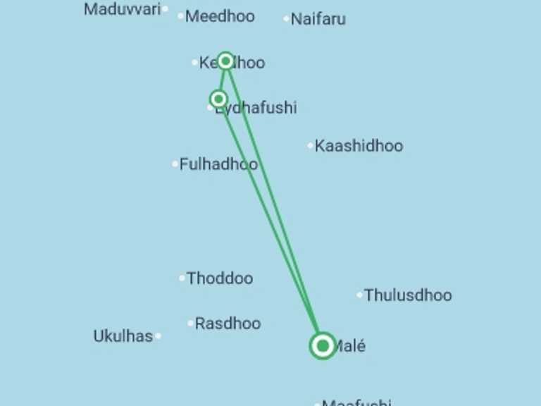 Map itinerary of Maldives Tour in Spring with 3 destination visits for the trip: Island Hopping Maldives Adventure - 8 days