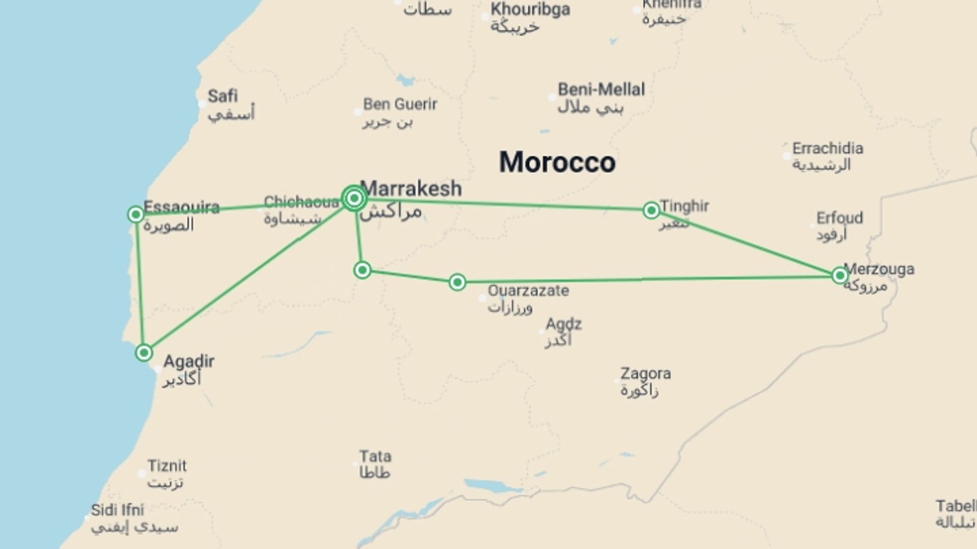 A map showing the tour itinerary for the trip: Real Morocco, starting in Marrakech, Morocco and ending in Marrakech, Morocco going through 6 other destinations.
