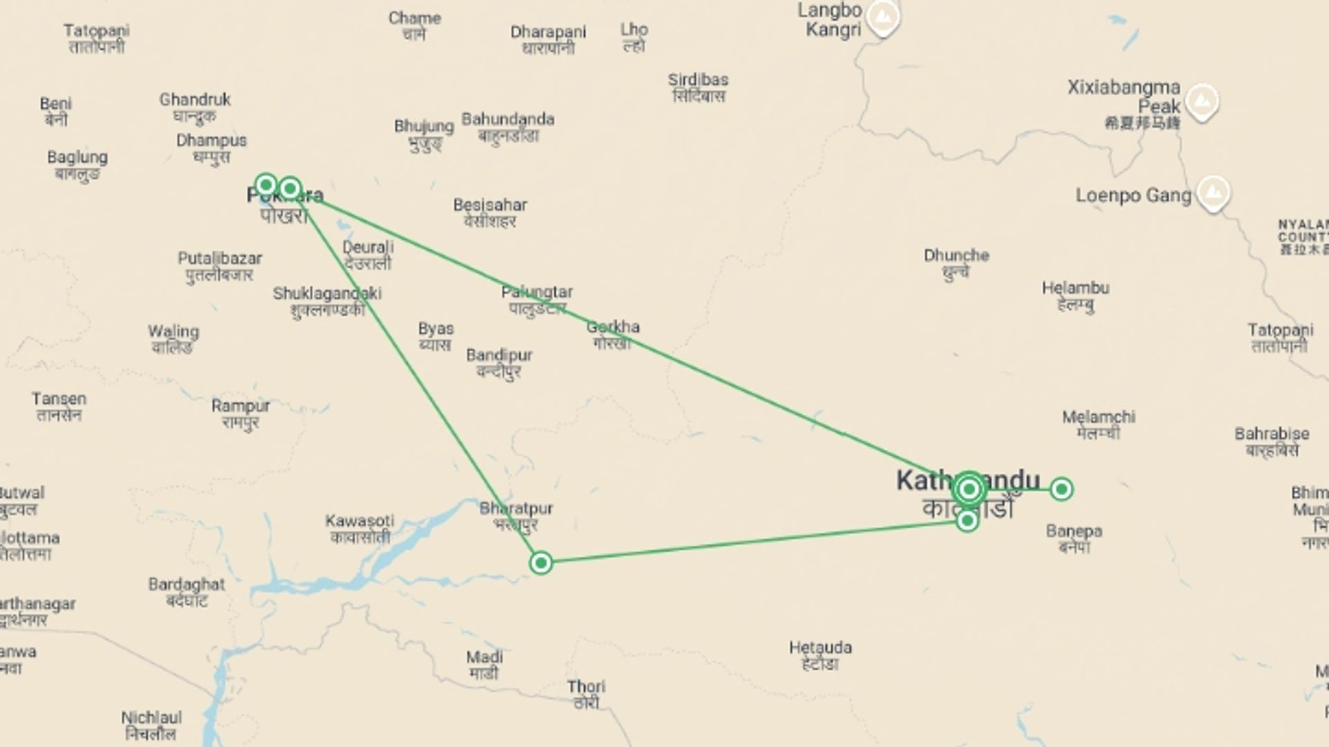 A map showing the tour itinerary for the trip: Treasures of Nepal - 9 days, starting in Kathmandu, Nepal and ending in Kathmandu, Nepal going through 4 other destinations.