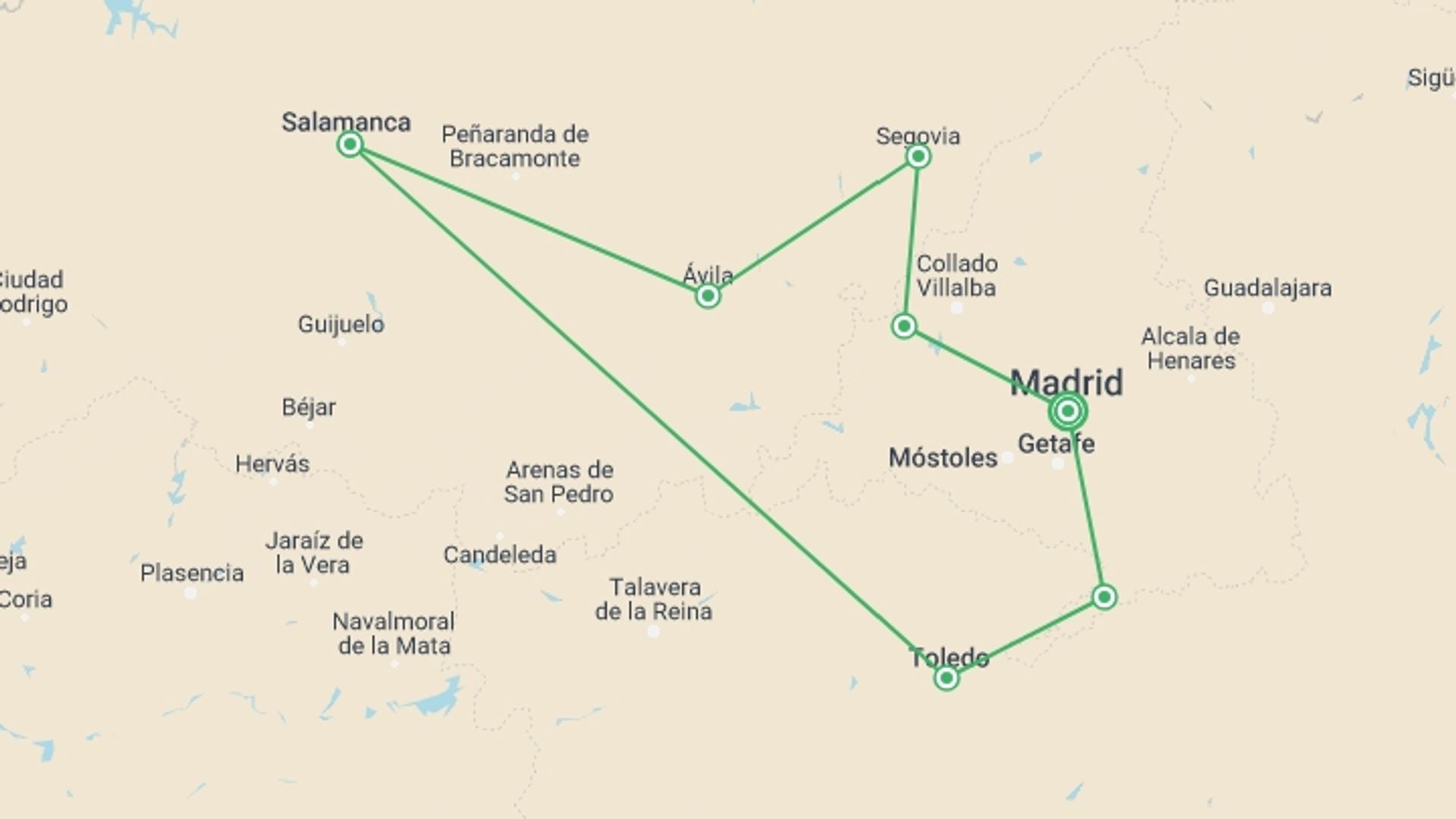 A map showing the tour itinerary for the trip: Soul Of Spain, Self-drive, starting in Madrid, Spain and ending in Madrid, Spain going through 3 other destinations.