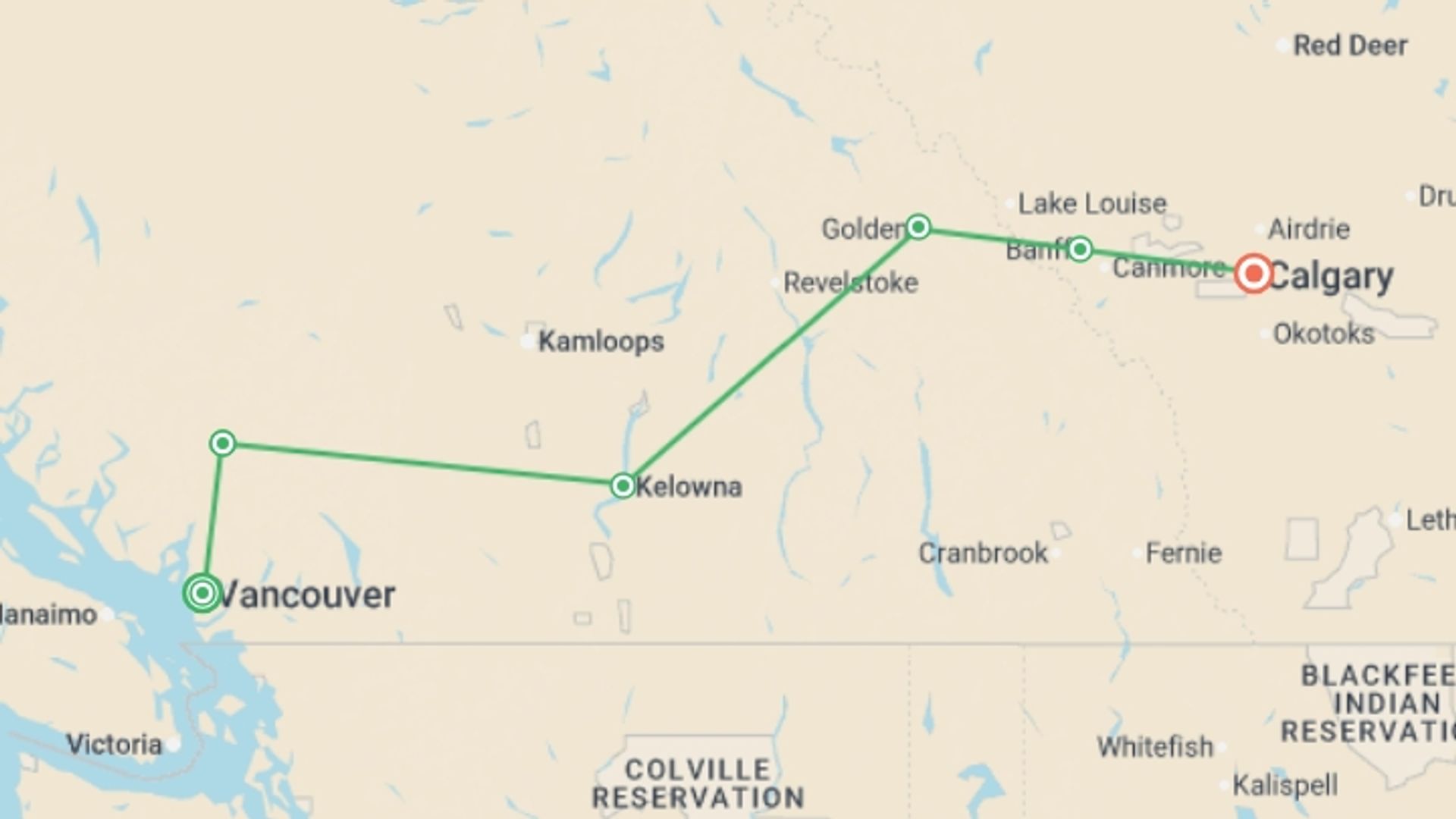 A map showing the tour itinerary for the trip: Canadian Rockies Eastbound Express, starting in Vancouver, Canada and ending in Calgary, Canada going through 4 other destinations.