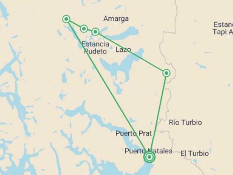 Map itinerary of Chile Tour in Fall with 6 destination visits for the trip: Torres del Paine W-Hike 7 Days