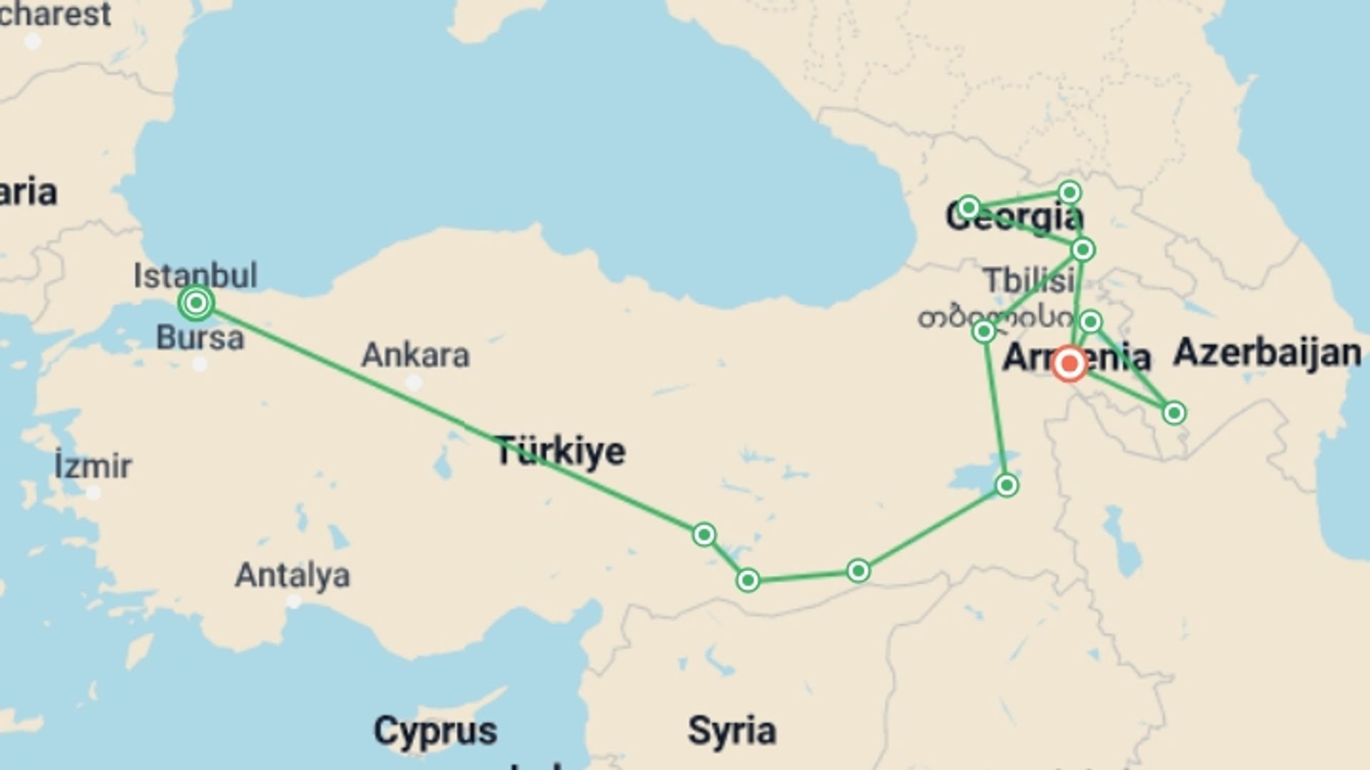 A map showing the tour itinerary for the trip: Eastern Turkey, Georgia, & Armenia, starting in Istanbul, Turkey and ending in Yerevan, Armenia going through 10 other destinations.