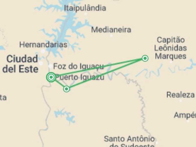 Map of Puerto Iguazu Adventure Tour with 4 destination visits for the trip: 5-Day Puerto Iguazu Adventure Tour