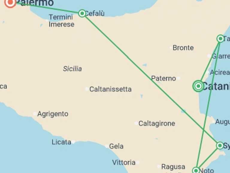 Map itinerary of Europe Tour in September 2026 with 6 destination visits for the trip: Real Sicily