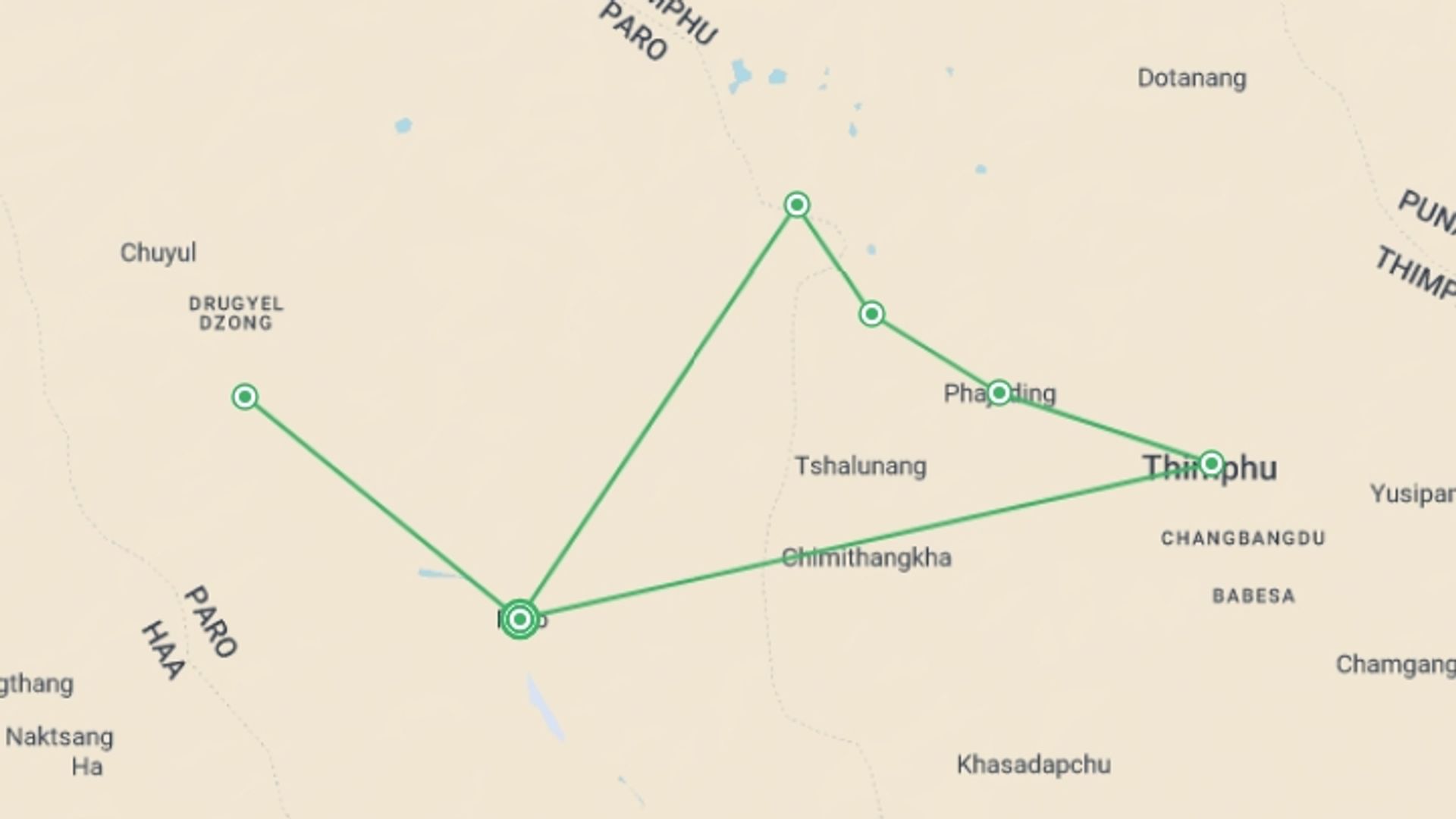 A map showing the tour itinerary for the trip: Bhutan Druk Path Trek, starting in Paro, Bhutan and ending in Paro, Bhutan going through 5 other destinations.