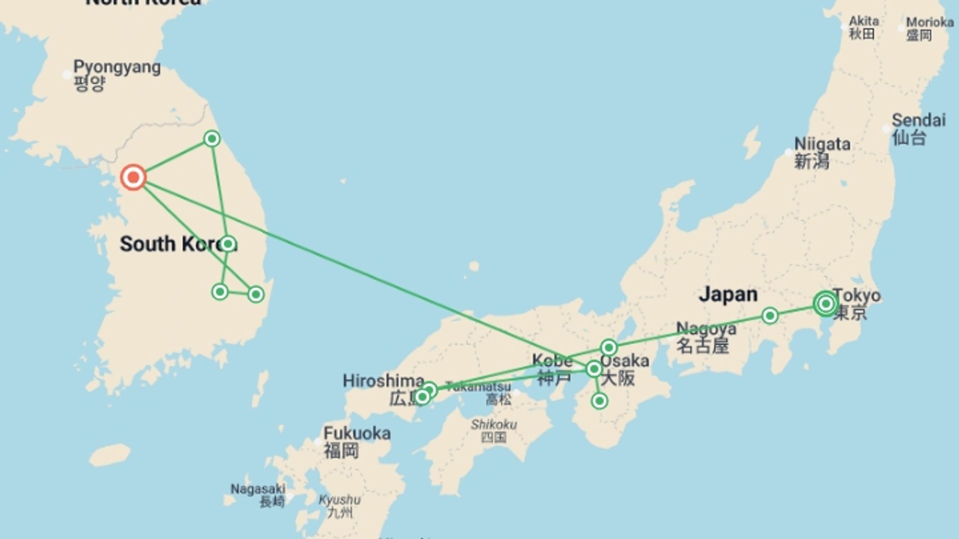 A map showing the tour itinerary for the trip: Highlights of Japan & South Korea, starting in Tokyo, Japan and ending in Seoul, South Korea going through 8 other destinations.