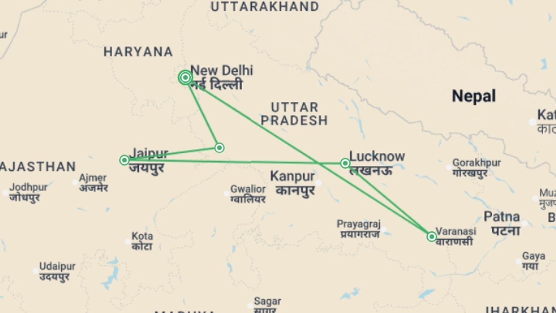 A map showing the tour itinerary for the trip: Premium India, starting in New Delhi, India and ending in New Delhi, India going through 4 other destinations.