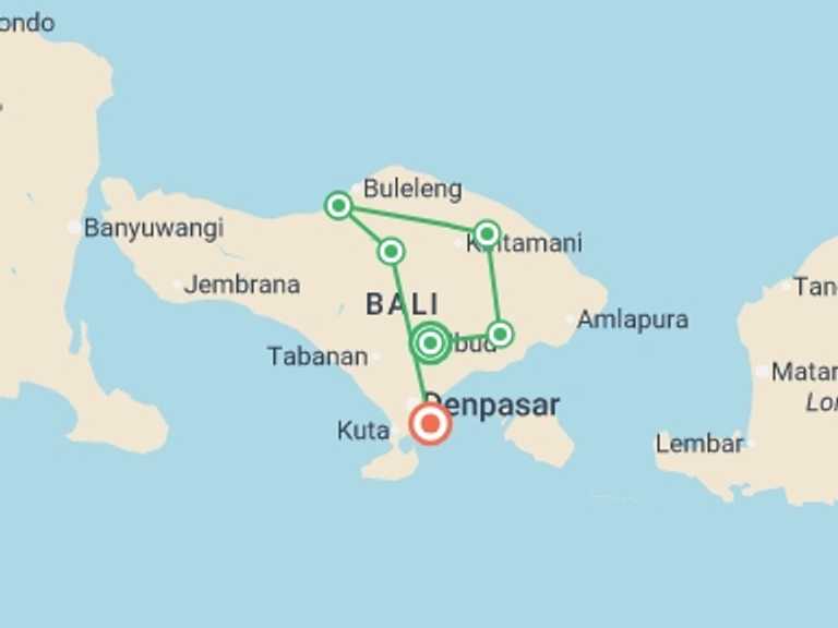 Map itinerary of Ubud Tour in September 2026 with 7 destination visits for the trip: Beautiful Bali