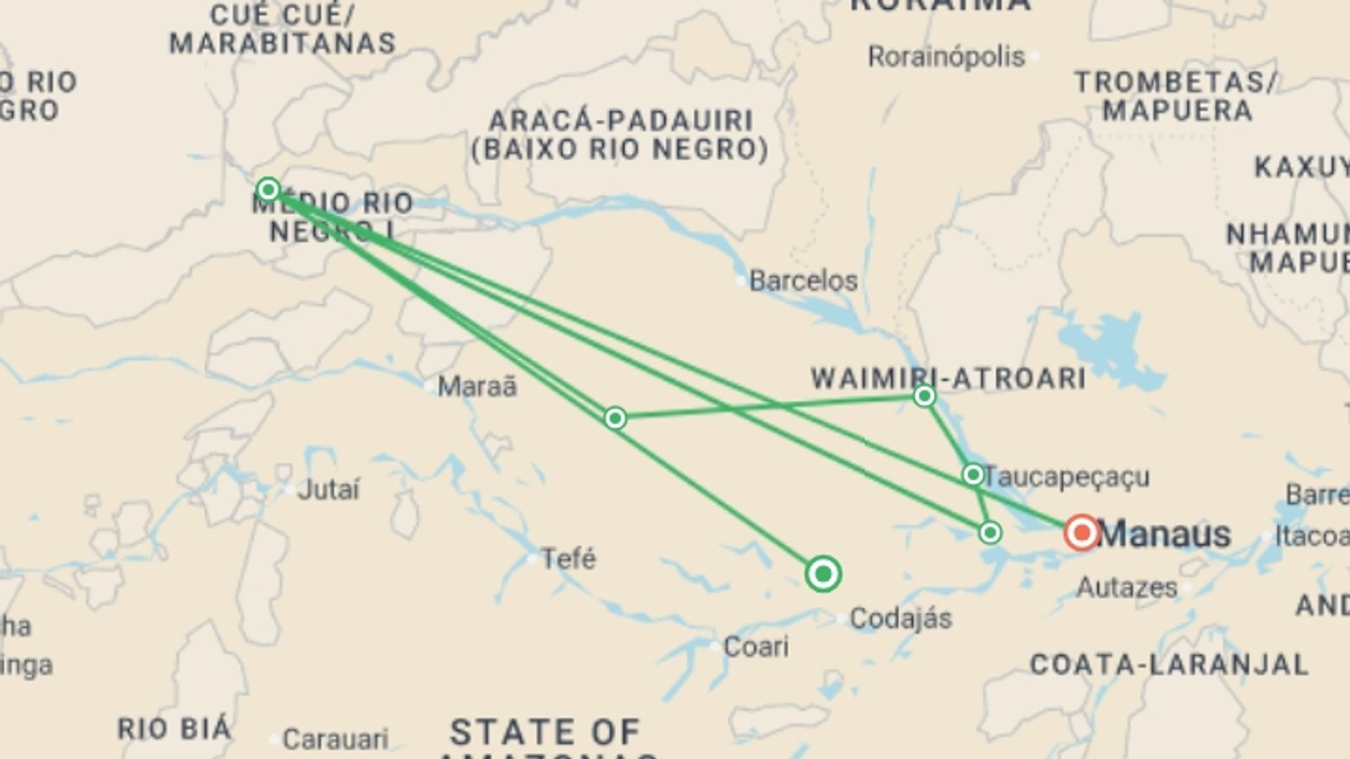 A map showing the tour itinerary for the trip: Along the Amazon and the Rio Negro, An Exclusive Cruise through Pristine and Hidden Nature (port-to-port cruise), starting in Amazon Brazil, Brazil and ending in Manaus, Brazil going through 2 other destinations.