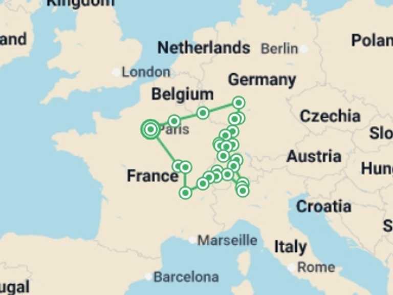 Map itinerary of Strasbourg Tour in October 2025 with 8 destination visits for the trip: France and Switzerland with Alsace and Black Forest