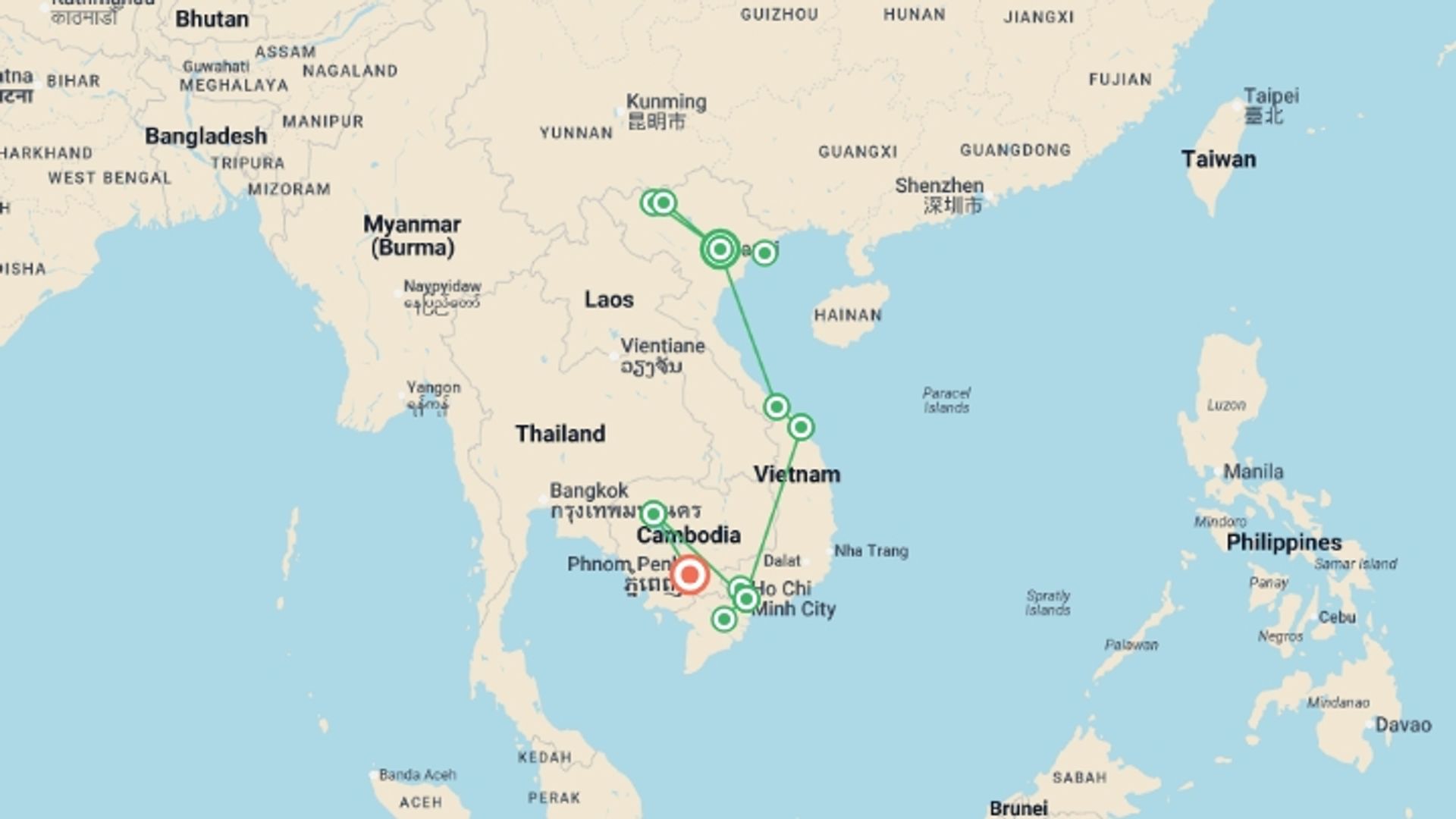 A map showing the tour itinerary for the trip: Vietnam & Cambodia Highlights Tour, starting in Hanoi, Vietnam and ending in Phnom Penh, Cambodia going through 6 other destinations.