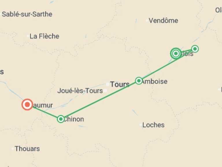 Map itinerary of Europe Tour in June 2026 with 8 destination visits for the trip: Cycle the Loire Valley