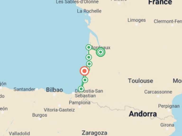 Map itinerary of Bordeaux Tour in Summer with 8 destination visits for the trip: Cycle Bordeaux to Biarritz