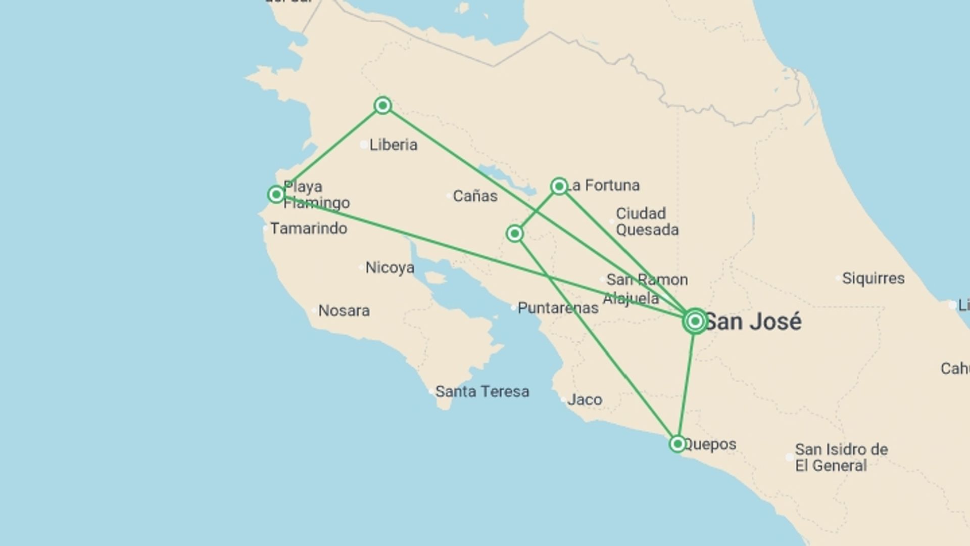 A map showing the tour itinerary for the trip: Costa Rica: Wildlife, National Parks & Hidden Gems of the Northwest, starting in San Jose, Costa Rica and ending in San Jose, Costa Rica going through 5 other destinations.