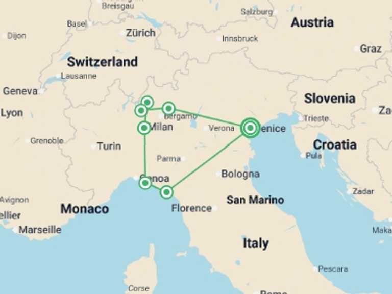 Map itinerary of Milan Tour in May 2026 with 4 destination visits for the trip: Northern Lakes, Milan & Cinque Terre with Bernina 