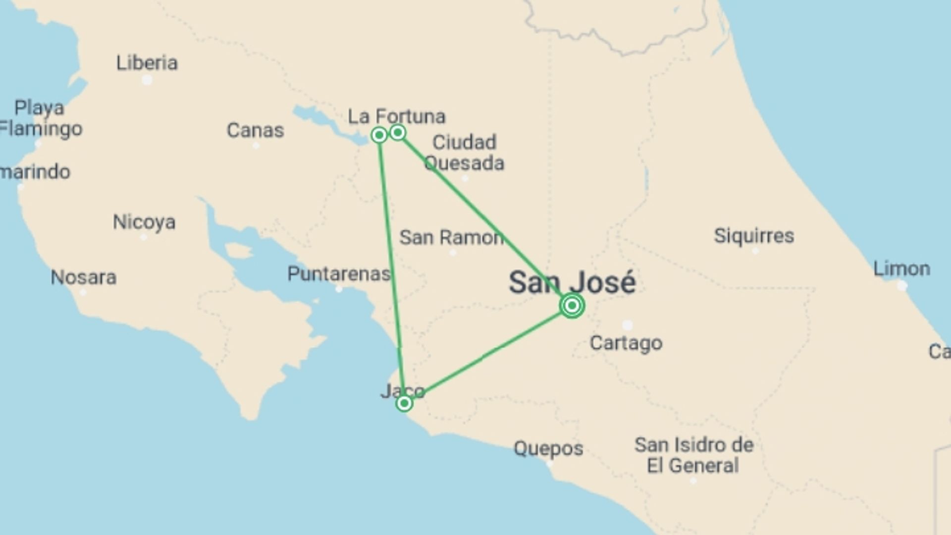 A map showing the tour itinerary for the trip: Classic Costa Rica, starting in San Jose, Costa Rica and ending in San Jose, Costa Rica going through 3 other destinations.