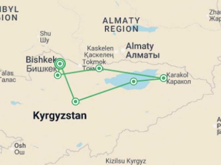 Map itinerary of Asia Tour in June 2026 with 6 destination visits for the trip: Kyrgyzstan Walking Explorer