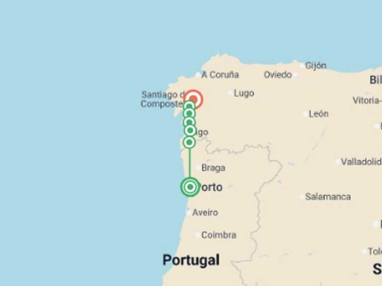 Map of Europe Tour with 7 destination visits for the trip: Camino de Santiago Walking Experience 8D/7N (from Porto via Tui)