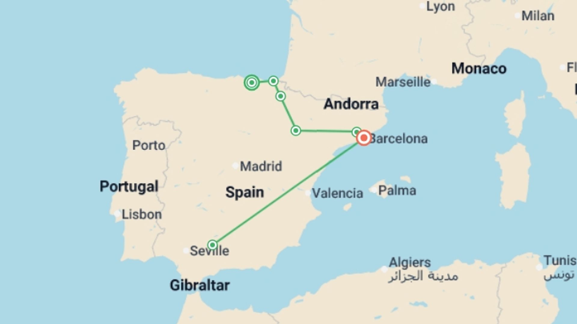 A map showing the tour itinerary for the trip: Northern Spain Explorer, starting in Bilbao, Spain and ending in Barcelona, Spain going through 5 other destinations.