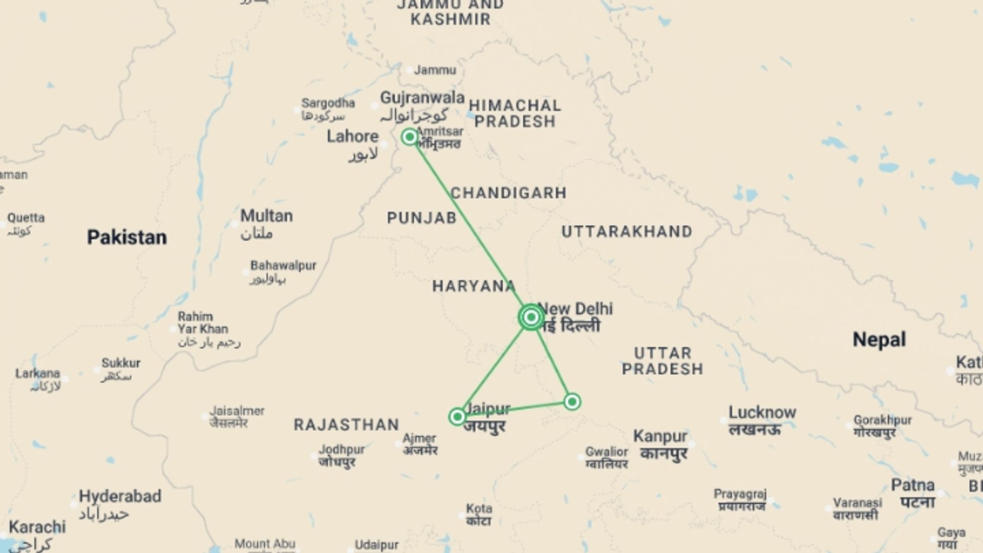 A map showing the tour itinerary for the trip: Classic India & Amritsar (3 Star) - 8 days, starting in New Delhi, India and ending in New Delhi, India going through 3 other destinations.