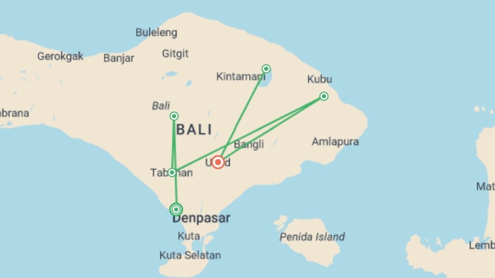 A map showing the tour itinerary for the trip: Bali MTB Boot Camp, starting in Canggu, Indonesia and ending in Ubud, Indonesia going through 5 other destinations.