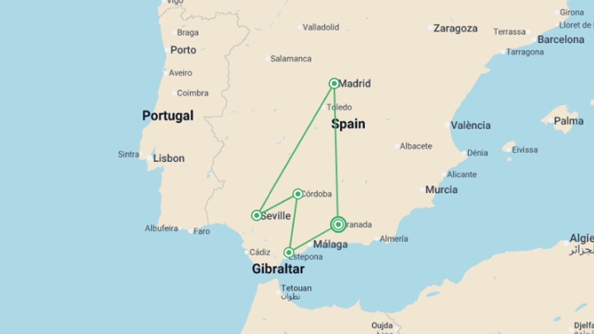 A map showing the tour itinerary for the trip: 7-day Andalucia & Madrid From Costa Del Sol (c-372), starting in Granada, Spain and ending in Granada, Spain going through 4 other destinations.