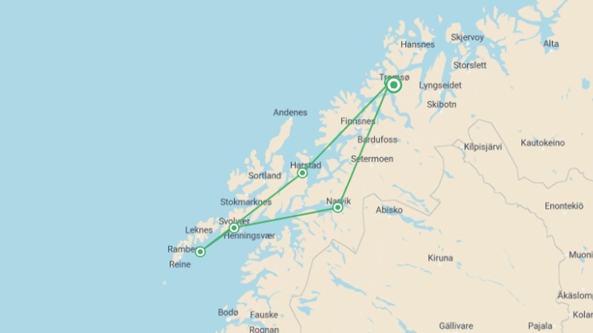 A map showing the tour itinerary for the trip: Arctic Experience 2026, starting in Tromso, Norway and ending in Tromso, Norway going through 4 other destinations.