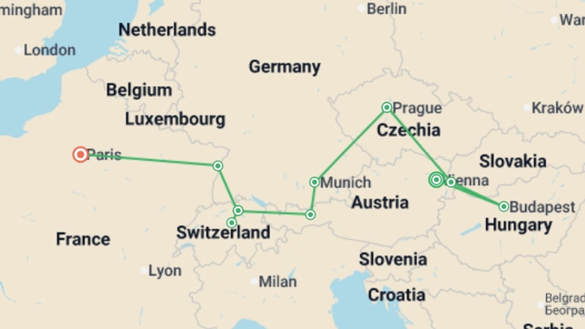 A map showing the tour itinerary for the trip: Eastern Capitals with Switzerland, starting in Vienna, Austria and ending in Paris, France going through 4 other destinations.