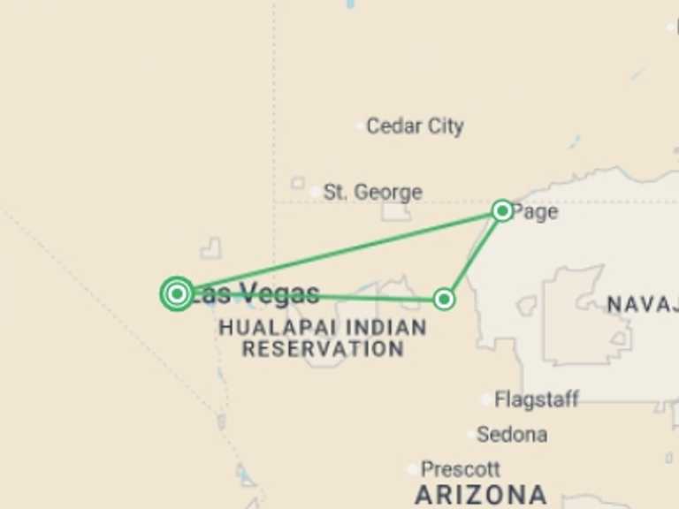Map itinerary of USA Tour in Fall with 3 destination visits for the trip: Grand Canyon & Antelope Canyon Overnight - 2 days