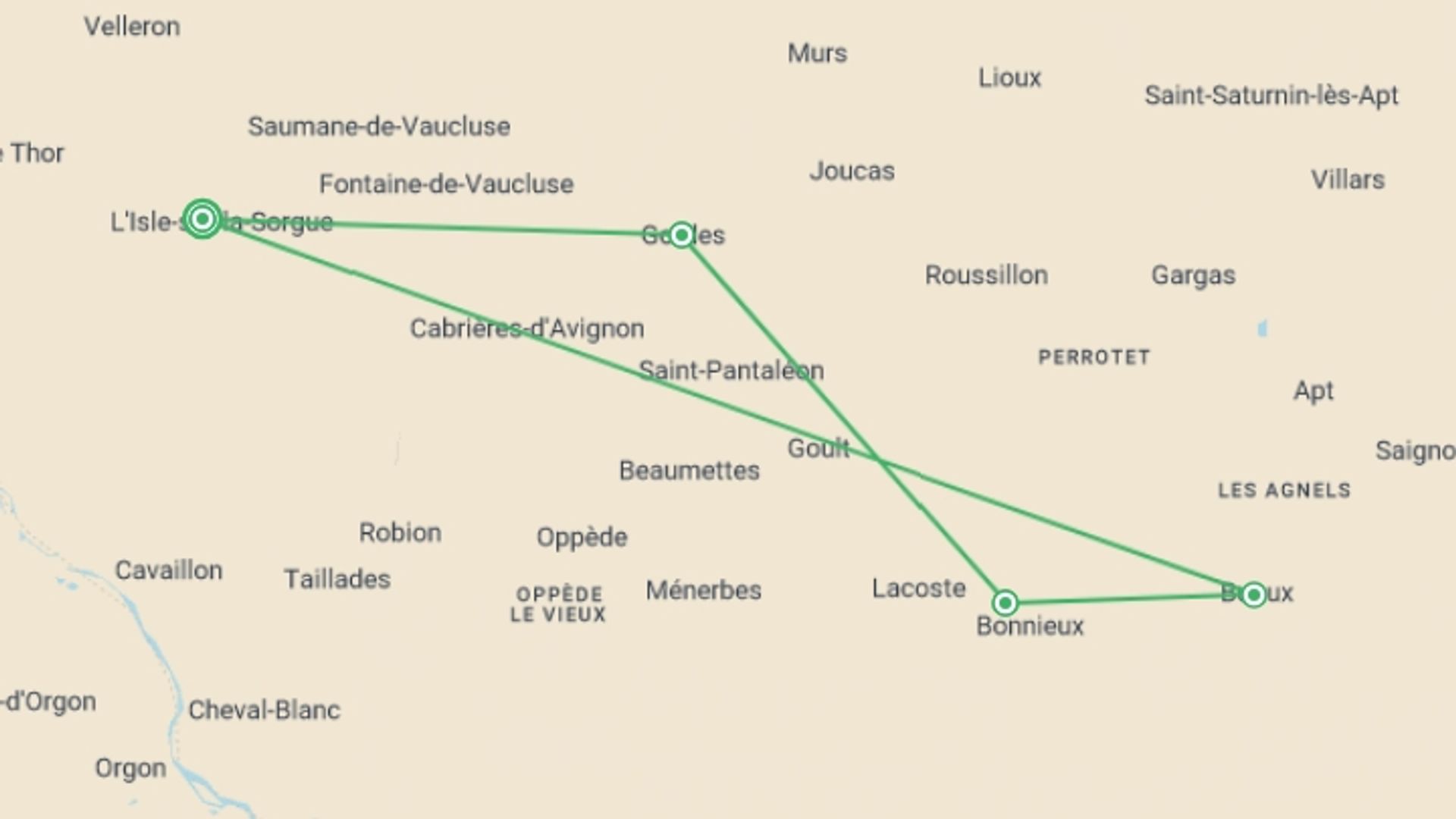 A map showing the tour itinerary for the trip: Rambling in the Luberon, starting in Isle Sur La Sorgue, France and ending in Isle Sur La Sorgue, France going through 4 other destinations.