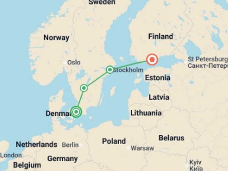 Map of Europe Tour with 3 destination visits for the trip: Jewels of Scandinavia End Helsinki