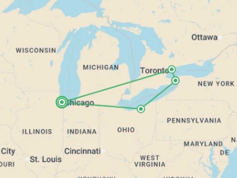 Map of Chicago City sightseeing Tour with 4 destination visits for the trip: Chicago and Niagara ROT