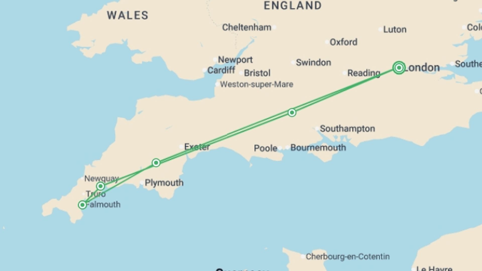 A map showing the tour itinerary for the trip: Corners of Cornwall, starting in London, England and ending in London, England going through 4 other destinations.